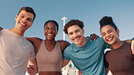 Happy people, fitness and hug with team in city for community, health or wellness together. Portrait, active group or huddle with smile in unity or embrace for trust or support in an urban town