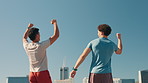 Running, runner and win for team, fitness and exercise for sports in city, urban street and achievement. Outdoor, back and people with victory for marathon, athlete and workout for wellness on road