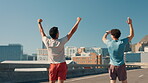 Running, back and win for team, fitness and exercise for sports in city, urban street and achievement. Outdoor, runner and people with victory for marathon, athlete and workout for wellness on road