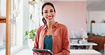 Happy woman, face or tablet in workshop for pottery, inventory management or clay order. Small business, portrait or mature entrepreneur in startup for ceramics sales, craft checklist or stock supply