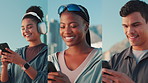 Series, exercise and people with phone in city for mobile app for health, wellness and tracking workout. Typing, online and men and women on smartphone for fitness, training and running in urban town