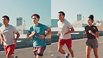 Running, athlete and fitness for team, cardio and exercise for sports in city, people and healthy for speed. Outdoor, runner and training for marathon on urban street, series and wellness for workout