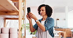 Picture, smartphone and woman with pottery checklist, inventory and retail production. Person, workshop and ceramic manager in studio, photography and designer in small business and manufacturing