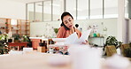 Woman, document and phone call with pottery, class and schedule checklist for lesson. Ceramic manager, thinking and paperwork with clay pot, stock and designer in small business, studio or retail