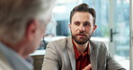 Meeting, teamwork and talking with business people in office for accounting review, audit feedback or discussion. Planning, portfolio manager or collaboration with men in finance agency for report