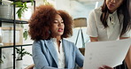 Computer, teamwork and documents with business people in office for accounting report, audit feedback or discussion. Planning, portfolio manager and collaboration with women in finance agency