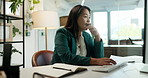 Stress, office and business Asian woman on laptop with worry for mistake, financial crisis and deadline. Professional, corporate and frustrated person on computer with error, audit and debt review