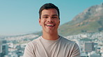 Fitness, happy and face of man in nature for running, exercise or training for marathon. Laughing, confident and portrait of male athlete from Colombia outdoor for cardio workout with pride.