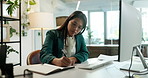 Computer, notebook and writing with business woman in office for accounting review, audit list or bookkeeping. Planning, portfolio update or budget report with person in finance agency for payroll