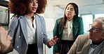 Meeting, teamwork and mentor with business people in office for accounting review, audit feedback or discussion. Planning, portfolio manager or teaching with employees in finance agency for report