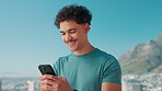 Happy man, fitness and mountain with phone for social media, workout app or communication in nature. Active, male person or user with smile on mobile smartphone for online connection, chat or texting
