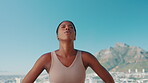 Tired, athlete and black woman with blue sky for fitness planning and ideas for workout break. Space, female person and reflection for exercise burnout, sports recovery and nature scenery of wellness