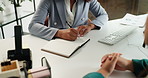 Hands, business and writing notes with client for financial consultation, list and conversation. Work Journal, book and woman with pen for information, investment data and wealth management in office