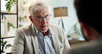 Mature manager, businessman and discussion with client for wealth management, financial advice or listen. Meeting, consultation and ideas for investment planning, profit report and strategy in office
