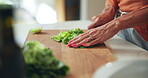 Kitchen counter, hands and cutting of vegetables, nutrition and healthy diet for lunch and meal prep. Home, nutritionist and person with process for salad, vegan and culinary skills with ingredients