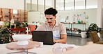 Man, creative and laptop in startup for ceramics, inventory management or clay order. Small business, sculptor or artisan entrepreneur in workshop for pottery sales, craft checklist or stock supply