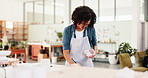 Woman, workshop and checklist with pottery, inventory and product manufacturing inspection. Ceramic manager thinking with clay mug, stock and designer in small business, studio and retail production