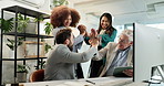 Computer, teamwork and high five with business people in office for accounting success, audit bonus and profit return. Planning, portfolio manager and achievement with employees in finance agency