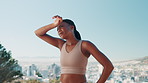 Tired, black woman and sweating for fitness outdoor for training, breathing and workout break. Fatigue, person and rest for exercise recovery, exhaustion and burnout for marathon practice on mountain