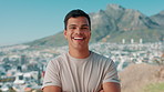 Fitness, crossed arms and face of man in nature for running, exercise or training for marathon. Happy, confident and portrait of male athlete from Colombia outdoor for cardio workout with pride.