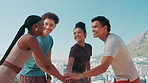 Happy people, hands together and fitness with huddle on mountain for teamwork or motivation in nature. Active group, friends or community piling with smile or stack for mission, health and wellness