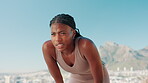 Tired, athlete and black woman for fitness outdoor for training, breathing and workout break. Fatigue, person and rest for exercise recovery, exhaustion and burnout for marathon practice on mountain
