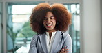 Crossed arms, business and face of African woman in office with confidence, pride and ambition for career. Professional, happy and portrait of person for finance advisor, investor job and opportunity