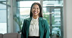 Lobby, happy and face of business woman in office with confidence, pride and laughing for career. Corporate, consultant and portrait of person for finance advisor, investor job and opportunity