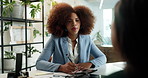 Business, woman and interview discussion in office for environmental consultant job, recruitment or hiring process. Manager, candidate and questions for performance review and promotion opportunity