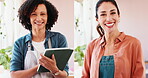 Face, plant and nursery with business women in store for sustainability, quality control and growth. Smile, eco friendly and series with people for environment, botanical expert and sequence