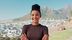 Fitness, crossed arms and face of woman in nature for running, exercise or training for marathon. Happy, confident and portrait of female athlete from Colombia outdoor for cardio workout with pride.