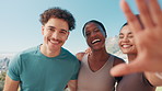 Happy people, face and fitness with selfie on mountain for photography, picture or memory in nature. Portrait, active group or friends with smile or hand frame for capture moment or wellness together