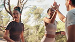 Men, women and high five for fitness, success and motivation with goals, smile and training in nature. People, group and friends with celebration, cheers and ready for exercise at park in summer