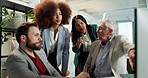 Computer, teamwork and discussion with business people in office for accounting review, audit feedback or meeting. Planning, portfolio manager or collaboration with employees in finance agency