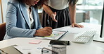 Documents, teamwork and writing with hands of business people for accounting review, audit feedback or note. Planning, portfolio manager or collaboration with women in finance agency for report