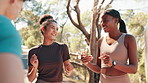 Talking, rest and friends in park for running, cardio workout and exercise for wellness in morning. Fitness, runner group and men and women in funny conversation on break, relax and chat for training