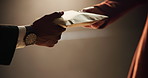 People, bribery or hands with payment for corruption, money laundering or settlement in crime syndicate. Workplace, night or closeup of fraud exchange in scam, brown paper bag or illegal business