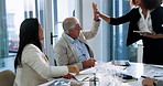 Collaboration, team and people with ideas, high five or discussion for marketing strategy in boardroom. Talk, group and colleagues with plan for financial growth, meeting or brainstorming with tablet
