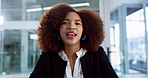 Video call, face and talking with business woman in office for webinar, virtual conference and account broker.  Online meeting, discussion and portfolio advisor with person in agency for chat