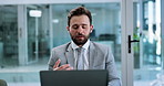 Video call, laptop and advice with business man in office for webinar, virtual conference and account broker.  Online meeting, discussion and portfolio advisor with person in agency for planning