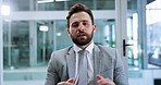 Video call, face and planning with business man in office for webinar, virtual conference and account broker.  Online meeting, discussion and portfolio advisor with person in agency for  advice