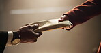 People, bribery or hands with payment for scam, money laundering or settlement in crime syndicate. Workplace, night or closeup of fraud exchange in corruption, brown paper bag or illegal business