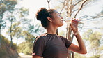Woman, drink and water for fitness outdoor for hydration, nutrition and training for workout break. Thirsty, female person and refreshing liquid for recovery, cardio exercise and wellness on mountain
