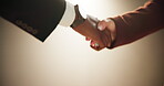 People, fraud or shaking hands for cash, money laundering and investment scam in crime syndicate. White background, studio or partnership with bribe handshake in corruption, trade or illegal business