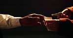 Money, drugs and hands with dark deal, night crime or narcotic trade offer for substance abuse. Cocaine seller, cash and criminal people in studio for illegal exchange, addiction and black background