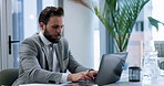 Businessman, typing and report with laptop at office, project and budget review at insurance agency. Person, financial consultant and computer with feedback, results or contact at corporate company