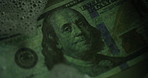 Money laundering, water and soap for crime, corruption and closeup with secret transaction for illegal business. Cash, dollar bills and bank notes with liquid, foam and cleaning for scam at company