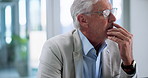 Thinking, office and mature business man with laptop for investment decision, project ideas and proposal. Professional, corporate and person for planning, financial strategy and problem solving