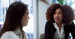 Meeting, discussion and business women in office for consulting, financial advice and budget report. Professional, corporate and advisor with client for company review, planning or finance investment