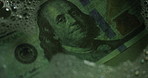 Money laundering, water and soap for crime, scam and closeup with secret transaction for illegal business. Cash, dollar bills and bank notes with liquid, foam and cleaning for corruption at company